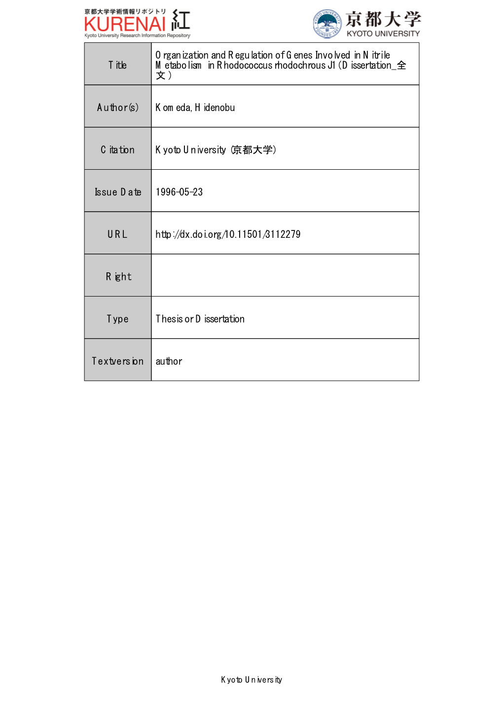 Title Organization and Regulation of Genes Involved in Nitrile Metabolism in Rhodococcus Rhodochrous J1( Dissertation 全