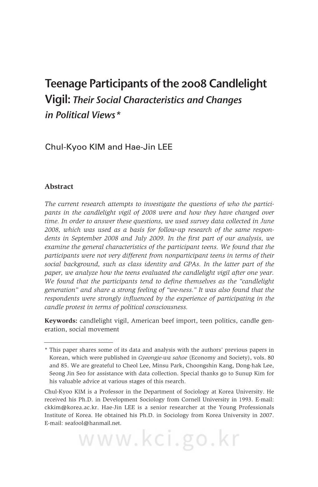 Teenage Participants of the 2008 Candlelight Vigil: Their Social Characteristics and Changes in Political Views*