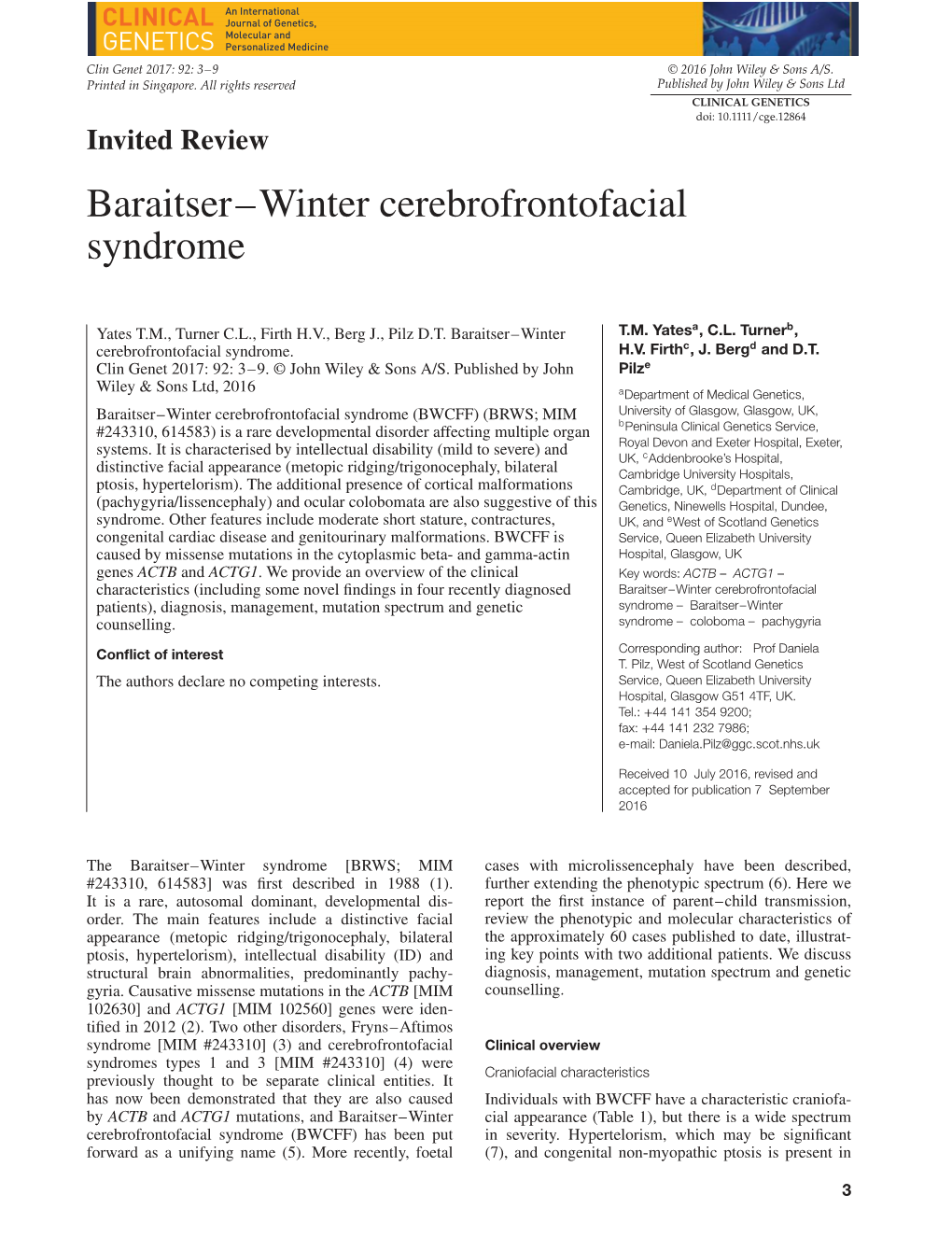 Baraitser–Winter Cerebrofrontofacial Syndrome