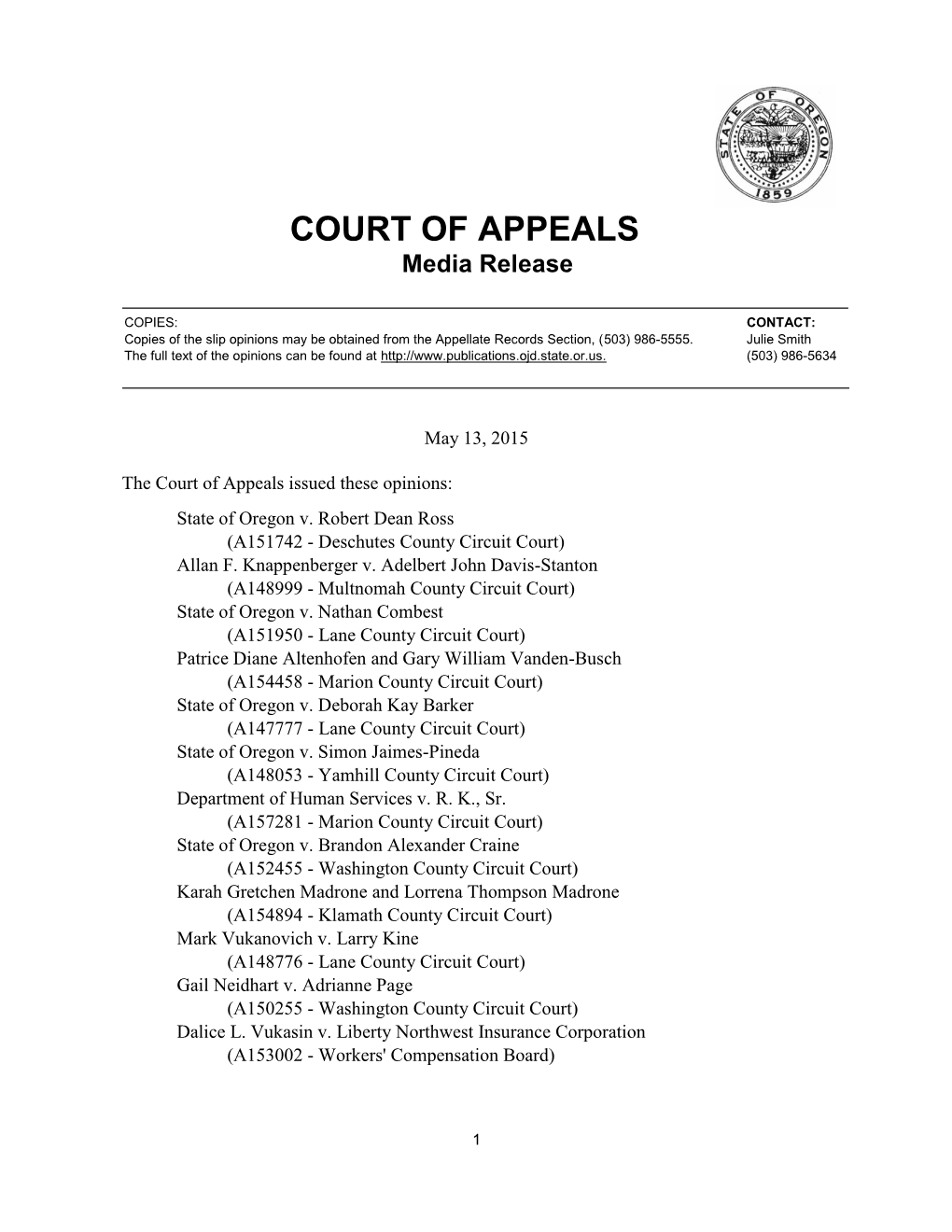 COURT of APPEALS Media Release