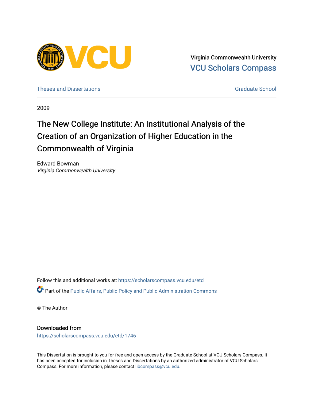 The New College Institute: an Institutional Analysis of the Creation of an Organization of Higher Education in the Commonwealth of Virginia