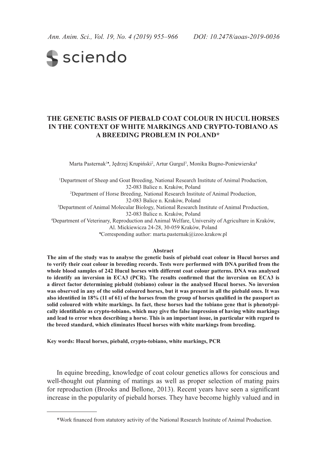 Ann. Anim. Sci., Vol. 19, No. 4 (2019) 955–966 DOI: 10.2478/Aoas-2019-0036 the Genetic Basis of Piebald Coat Colour In