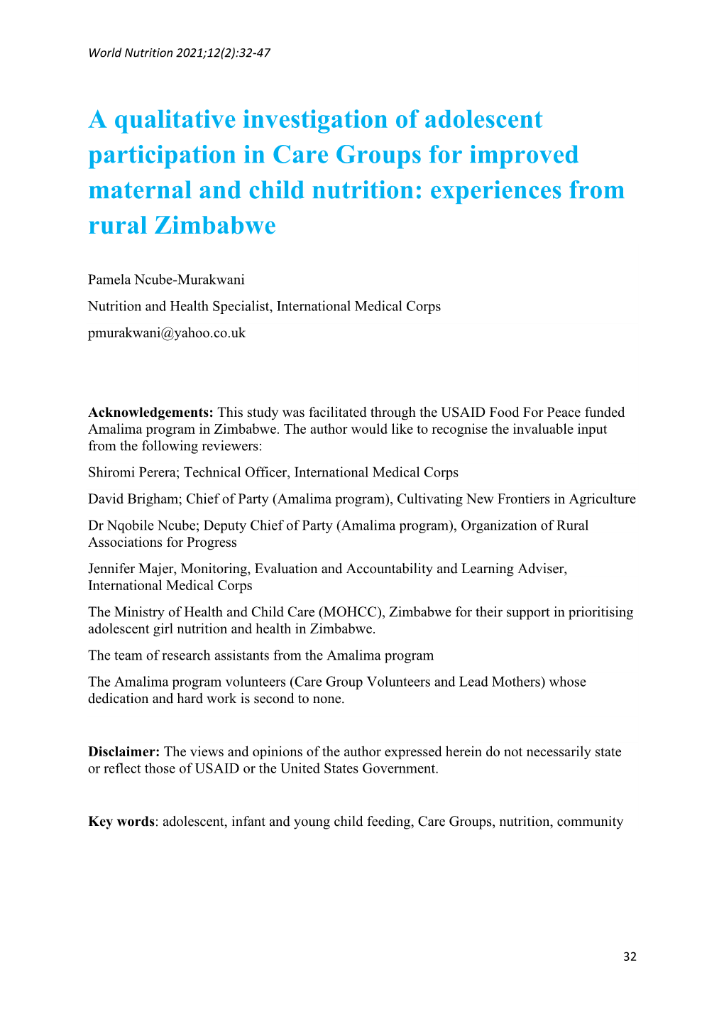 A Qualitative Investigation of Adolescent Participation in Care Groups for Improved Maternal and Child Nutrition: Experiences from Rural Zimbabwe