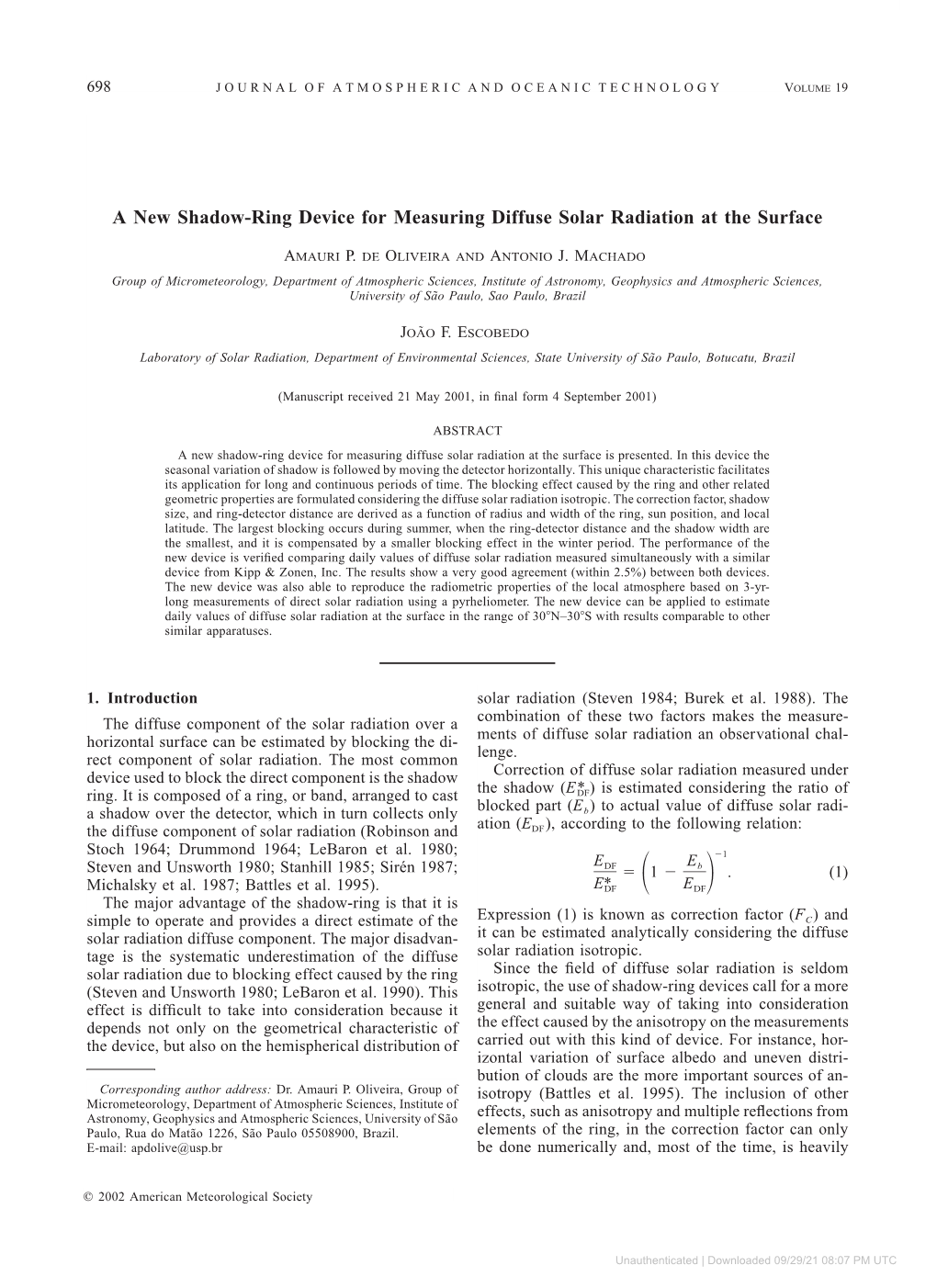 A New Shadow-Ring Device for Measuring Diffuse Solar Radiation at the Surface