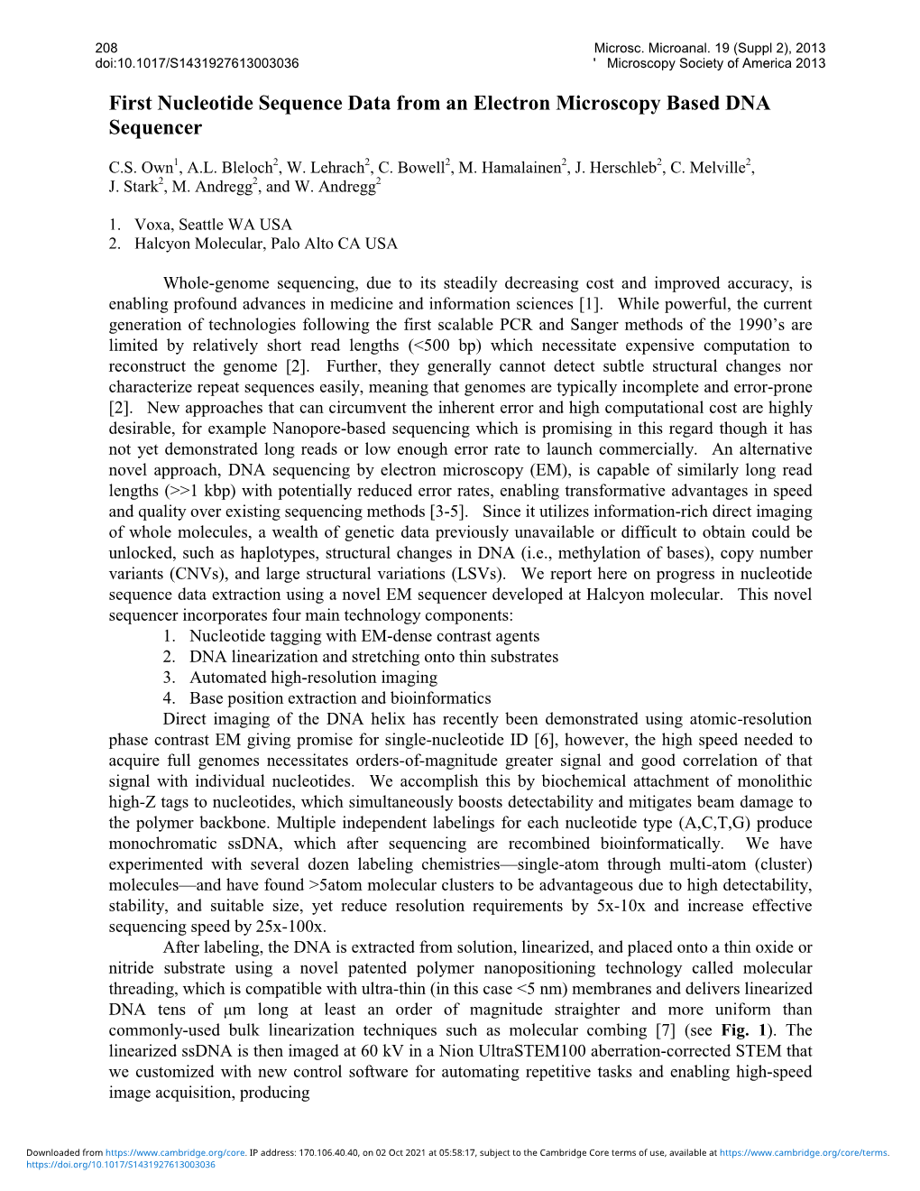 First Nucleotide Sequence Data from an Electron Microscopy Based DNA Sequencer