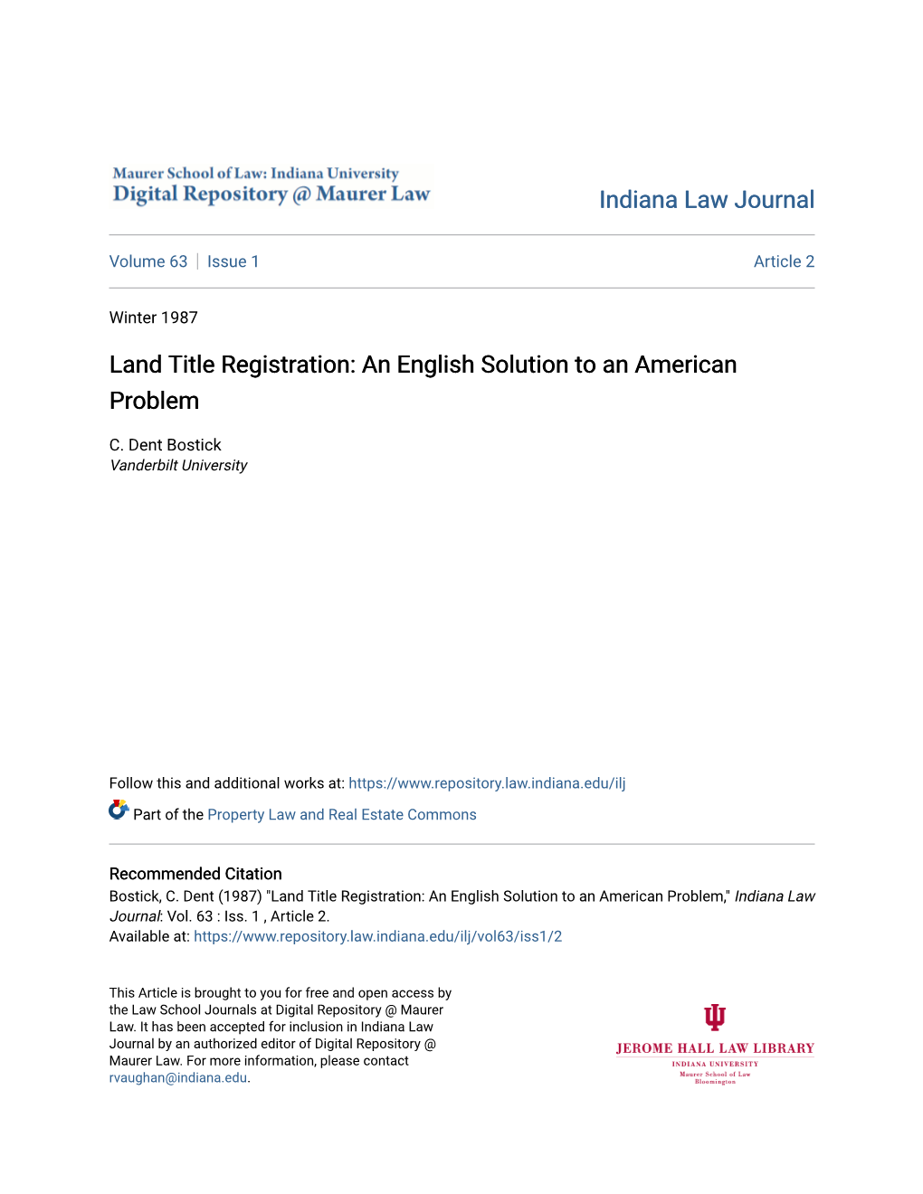 Land Title Registration: an English Solution to an American Problem