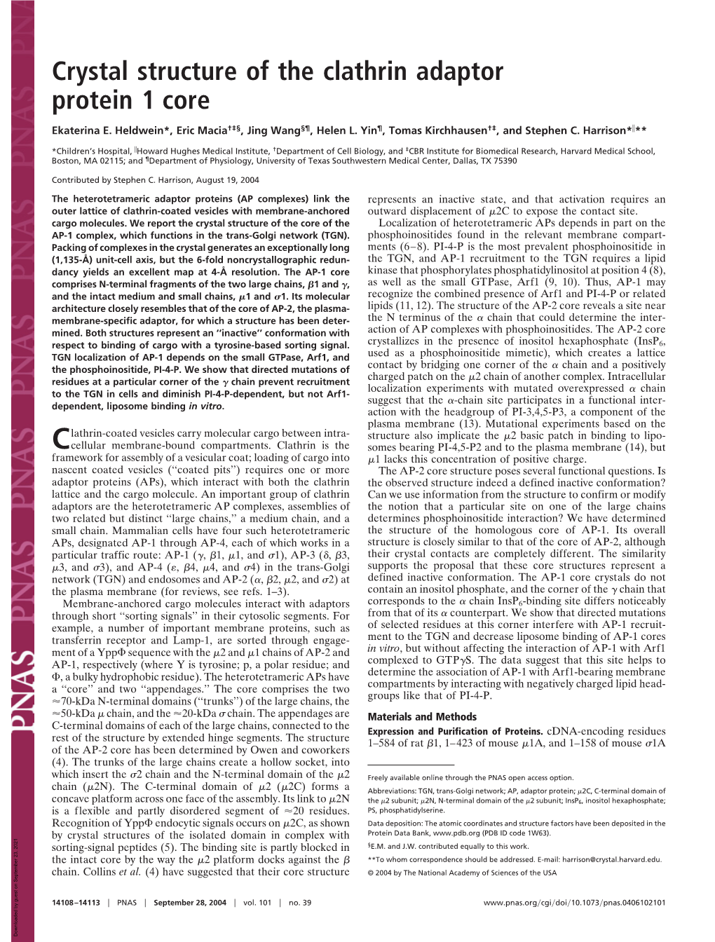 Crystal Structure of the Clathrin Adaptor Protein 1 Core