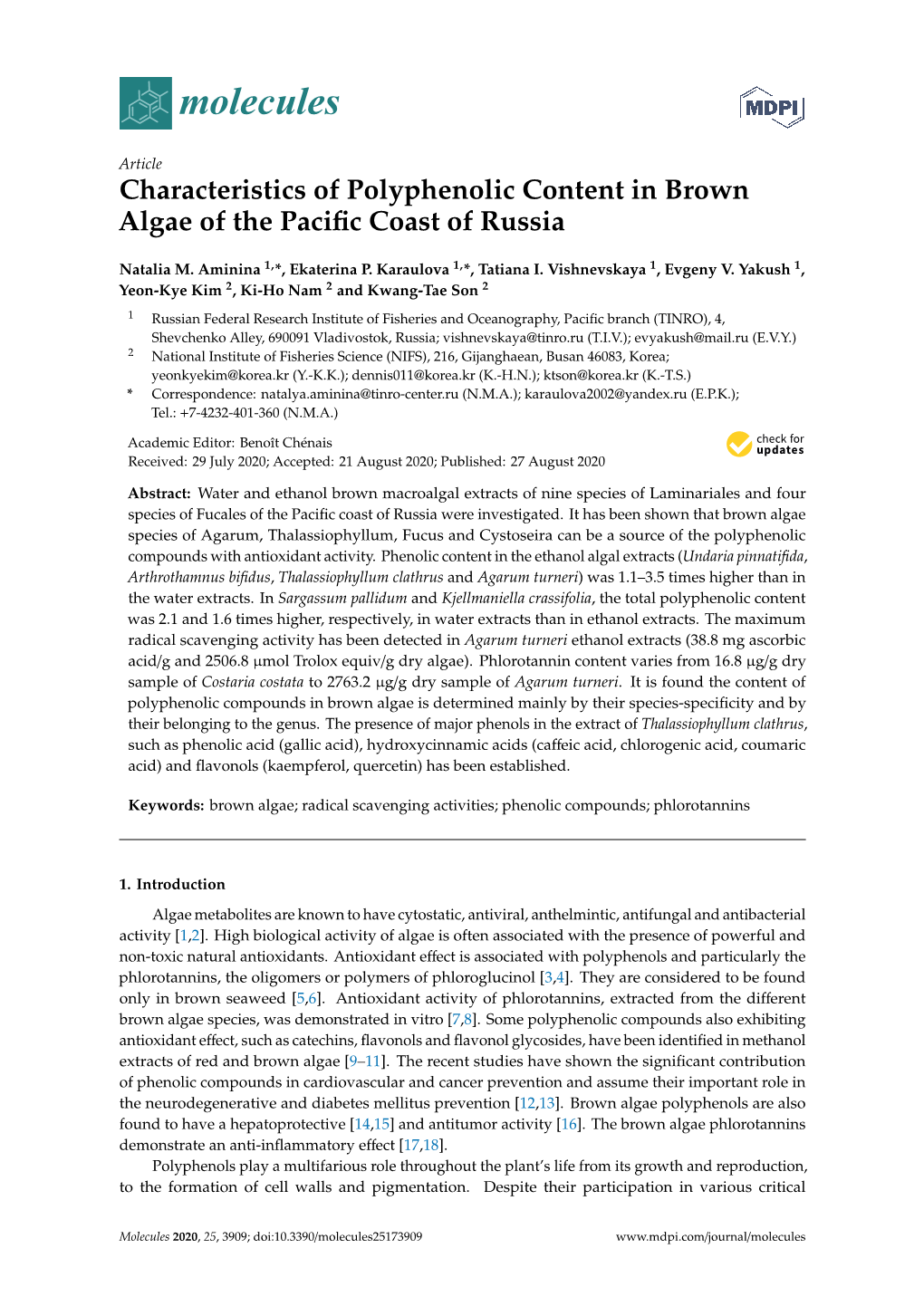 Characteristics of Polyphenolic Content in Brown Algae of the Paciﬁc Coast of Russia