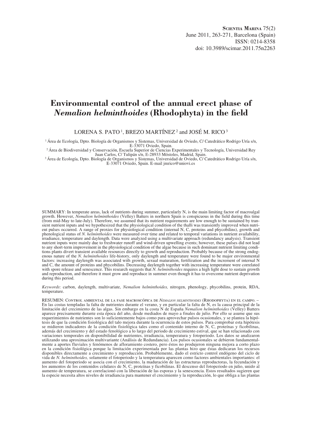 Environmental Control of the Annual Erect Phase of Nemalion Helminthoides (Rhodophyta) in the Field