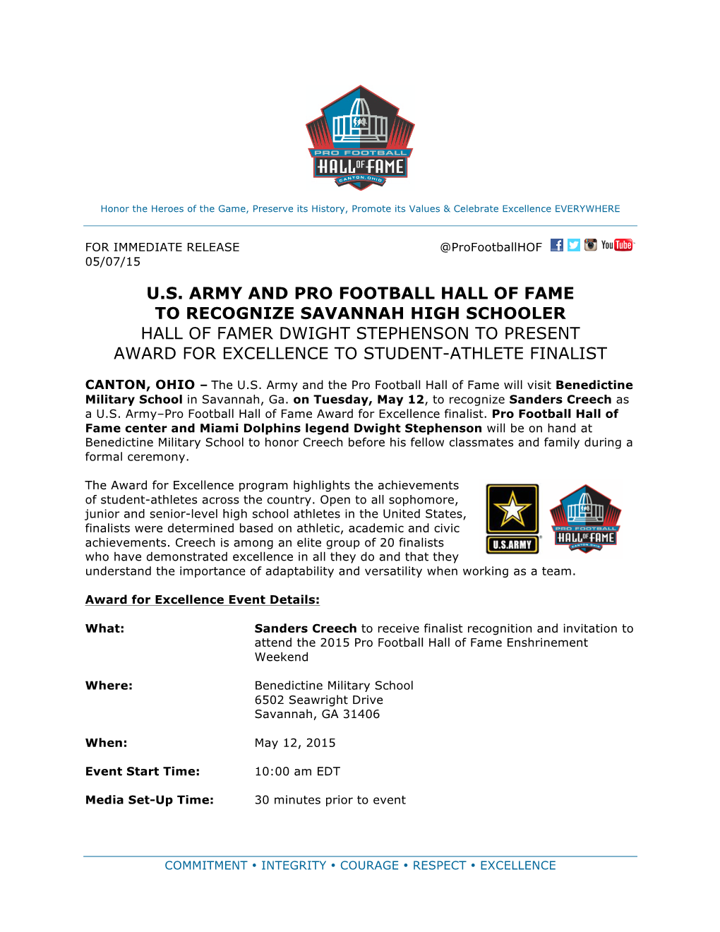 U.S. Army and Pro Football Hall of Fame to Recognize