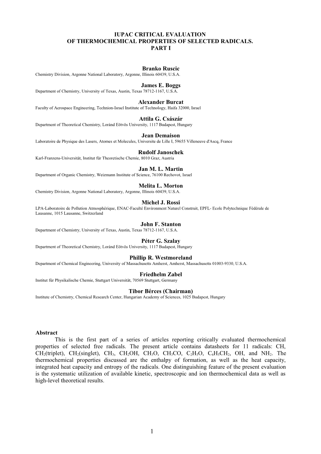 Iupac Critical Evaluation of Thermochemical Properties of Selected Radicals