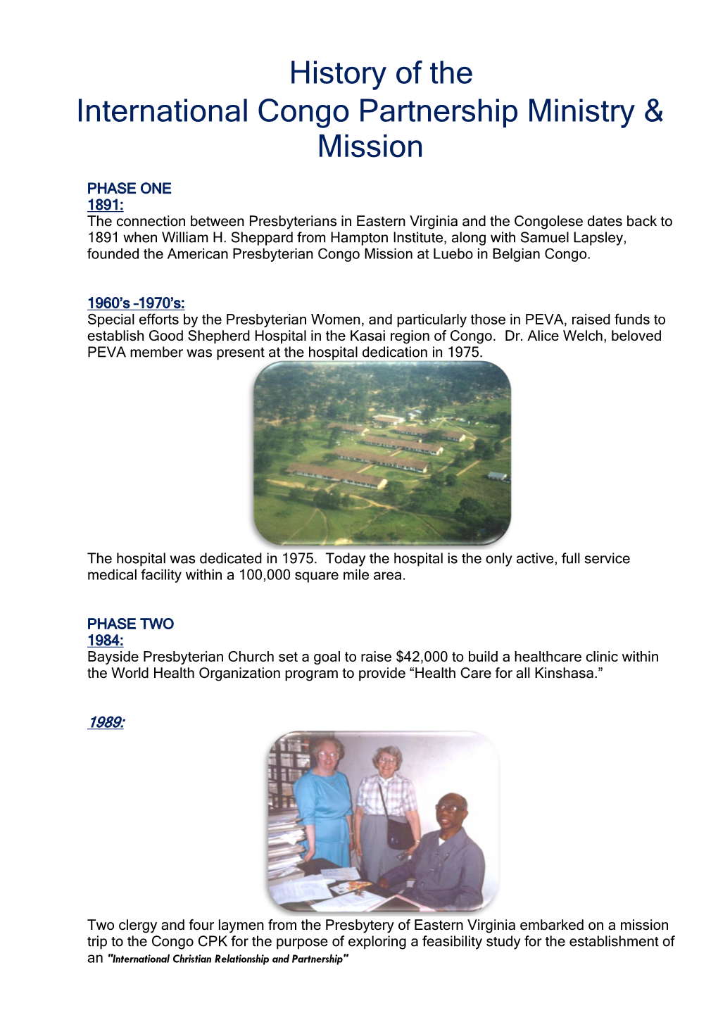 History of the International Congo Partnership Ministry & Mission