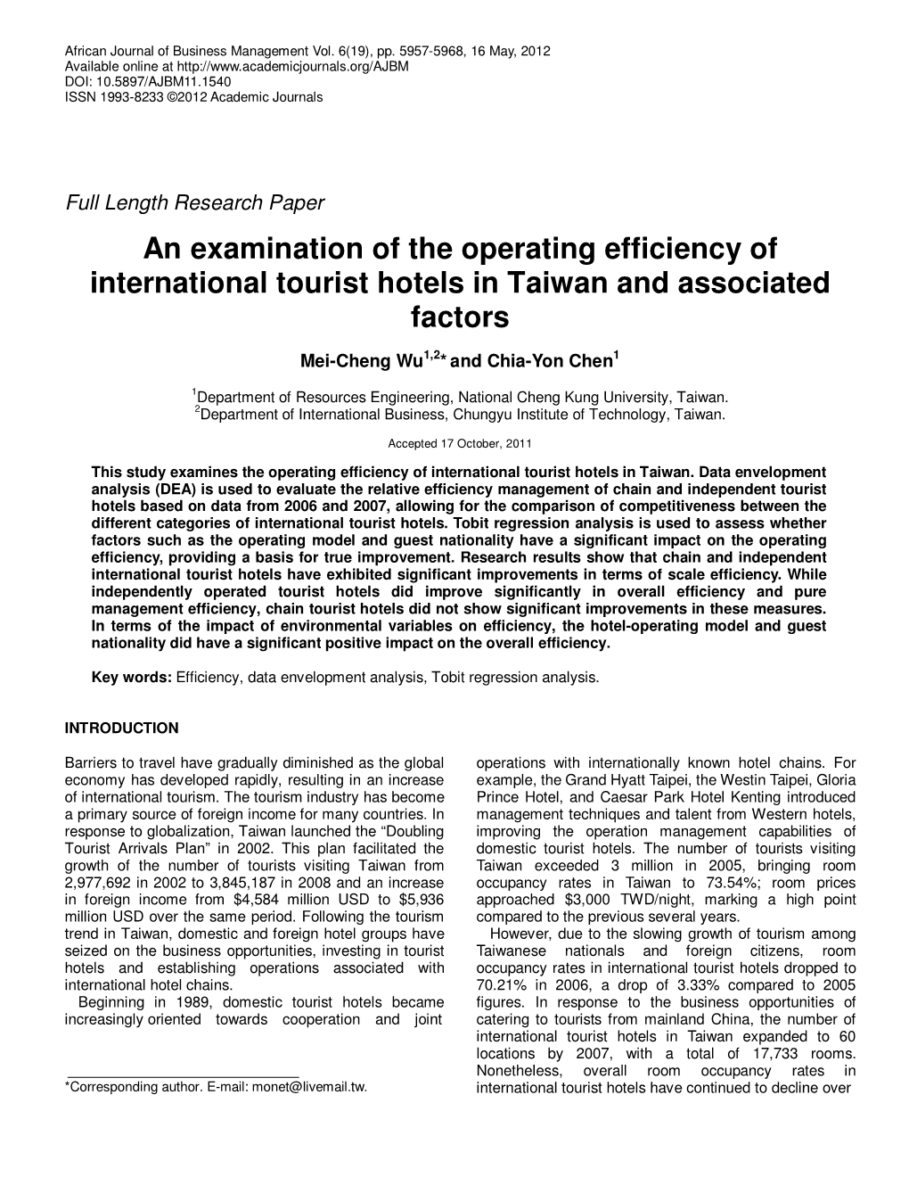 An Examination of the Operating Efficiency of International Tourist Hotels in Taiwan and Associated Factors