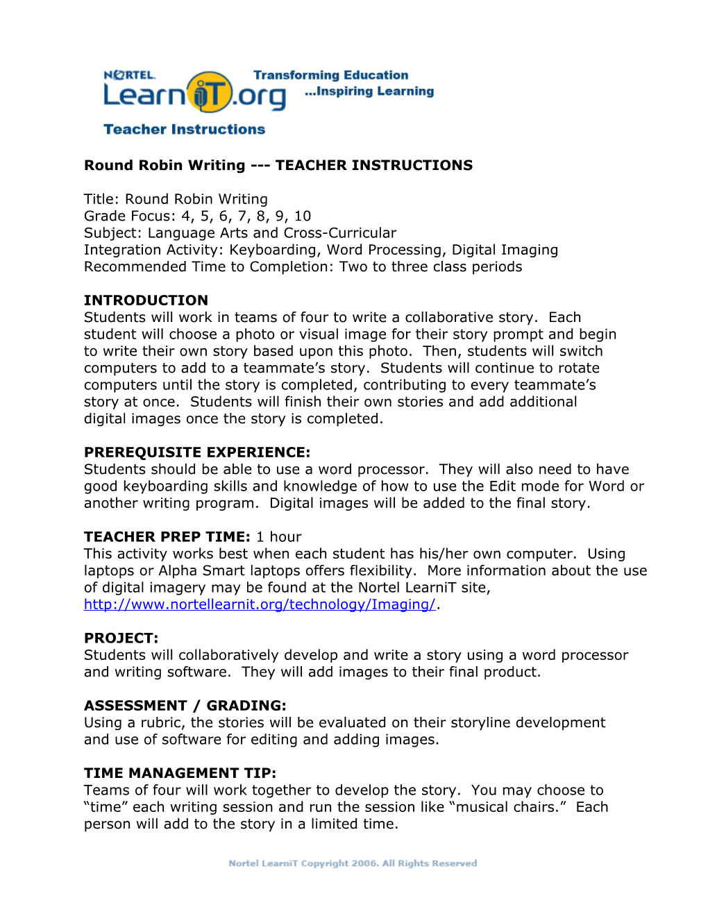 Round Robin Writing TEACHER INSTRUCTIONS