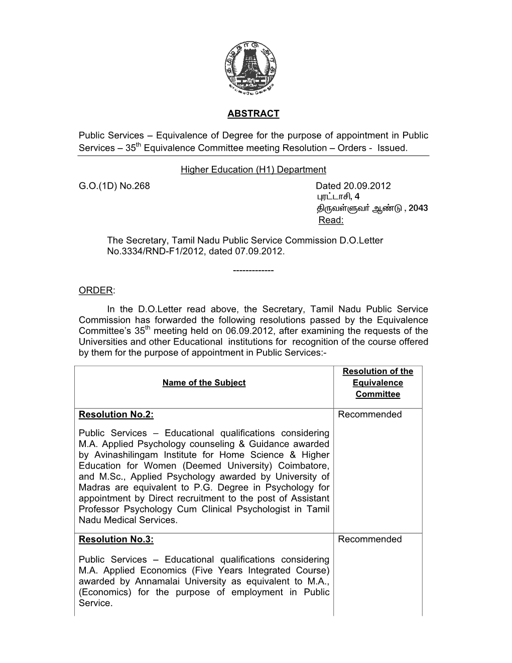 Public Services – Equivalence of Degree for the Purpose of Appointment in Public Services – 35Th Equivalence Committee Meeting Resolution – Orders - Issued