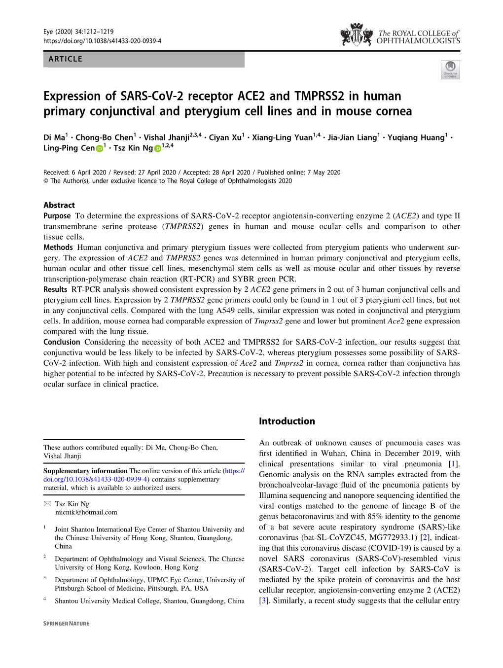 Expression of SARS-Cov-2 Receptor ACE2 and TMPRSS2 in Human Primary Conjunctival and Pterygium Cell Lines and in Mouse Cornea