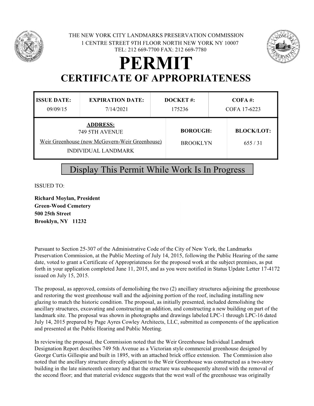 Permit Certificate of Appropriateness
