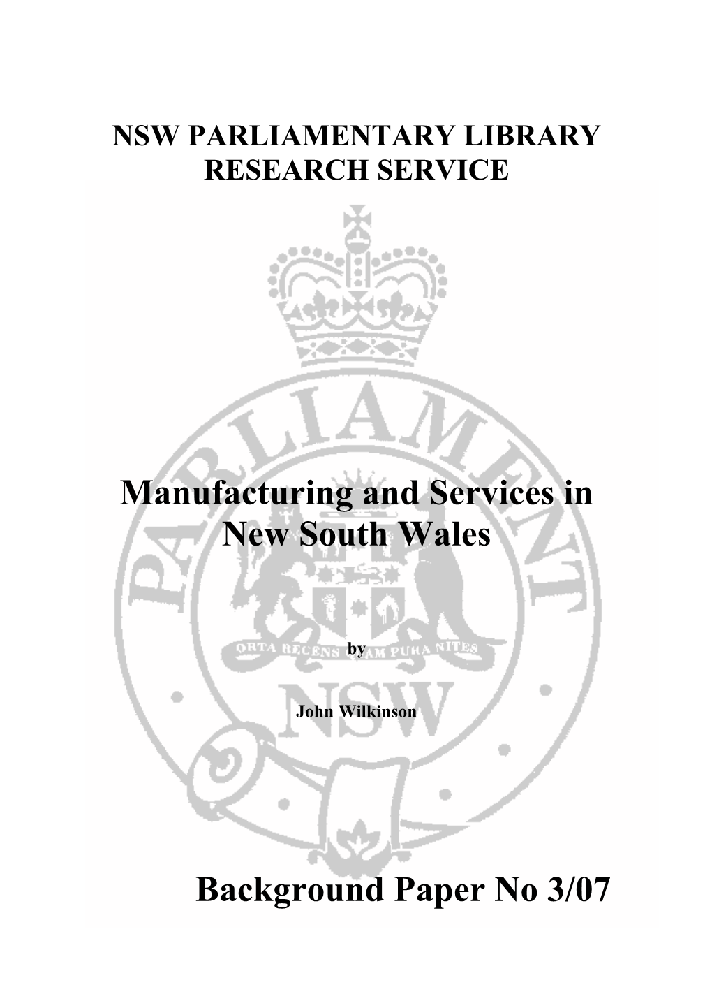 Manufacturing and Services in New South Wales Background Paper No