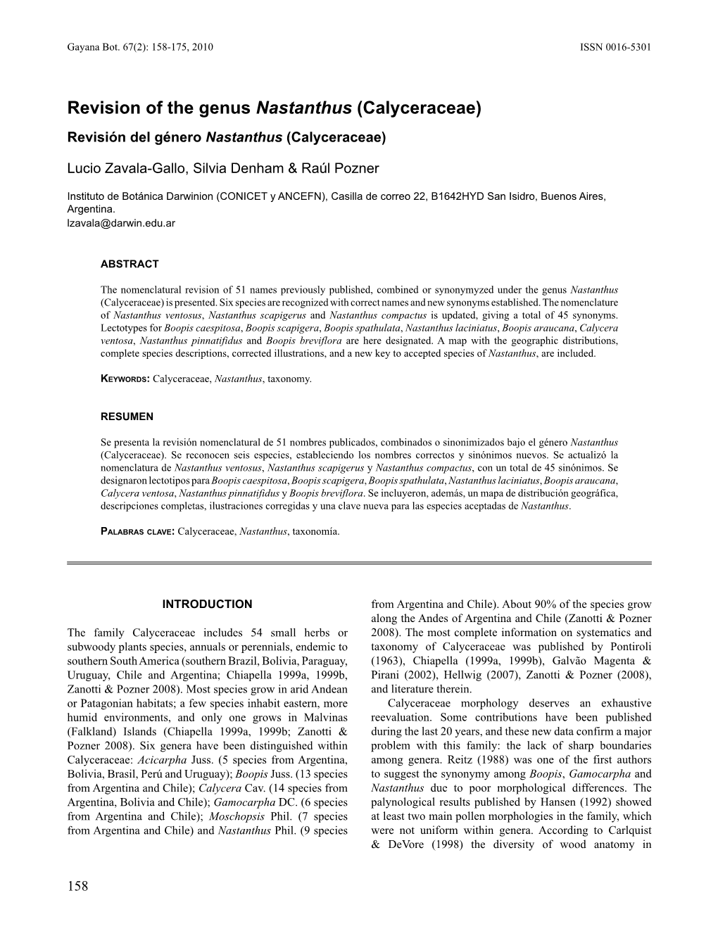 Revision of the Genus Nastanthus (Calyceraceae) Revisión Del Género Nastanthus (Calyceraceae)