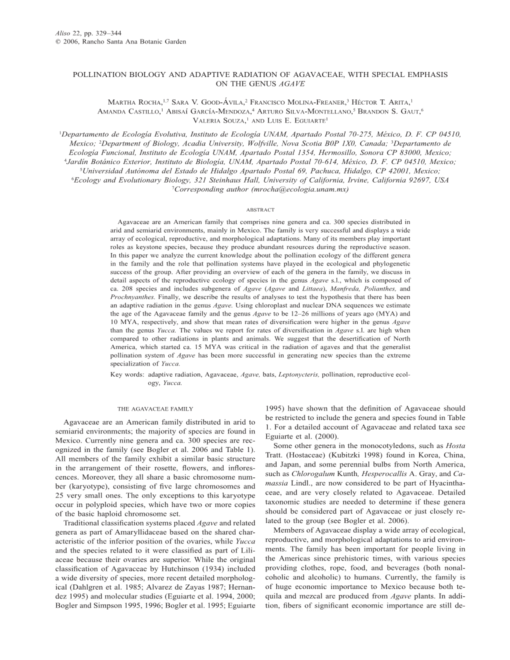 Pollination Biology and Adaptive Radiation of Agavaceae, with Special Emphasis on the Genus Agave