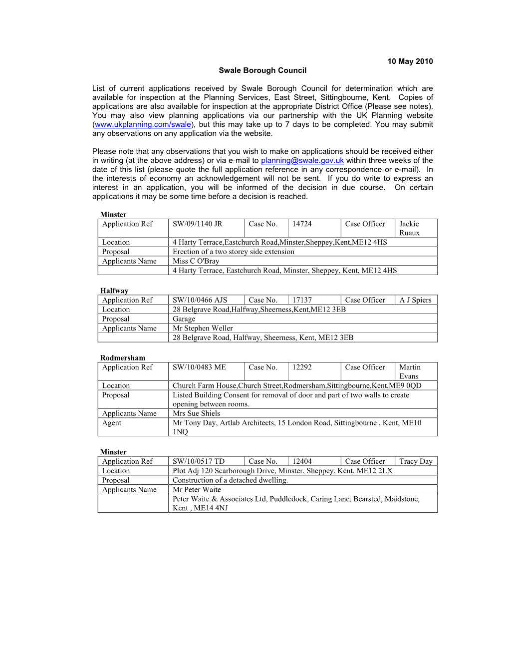 10 May 2010 Swale Borough Council List of Current Applications Received