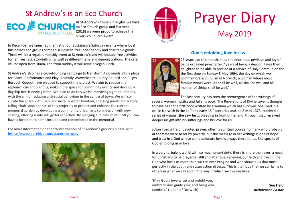 Prayer Diary an Eco-Church Group and Last Year (2018) We Were Proud to Achieve the Silver Eco Church Award