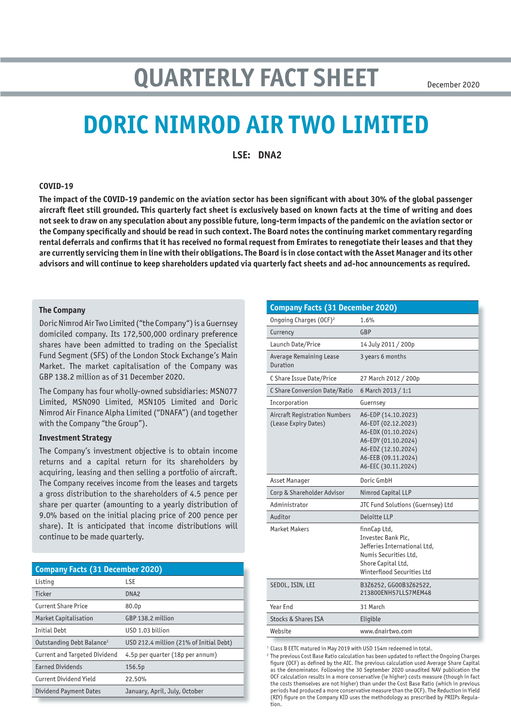 Quarterly Fact Sheet Doric Nimrod Air Two Limited