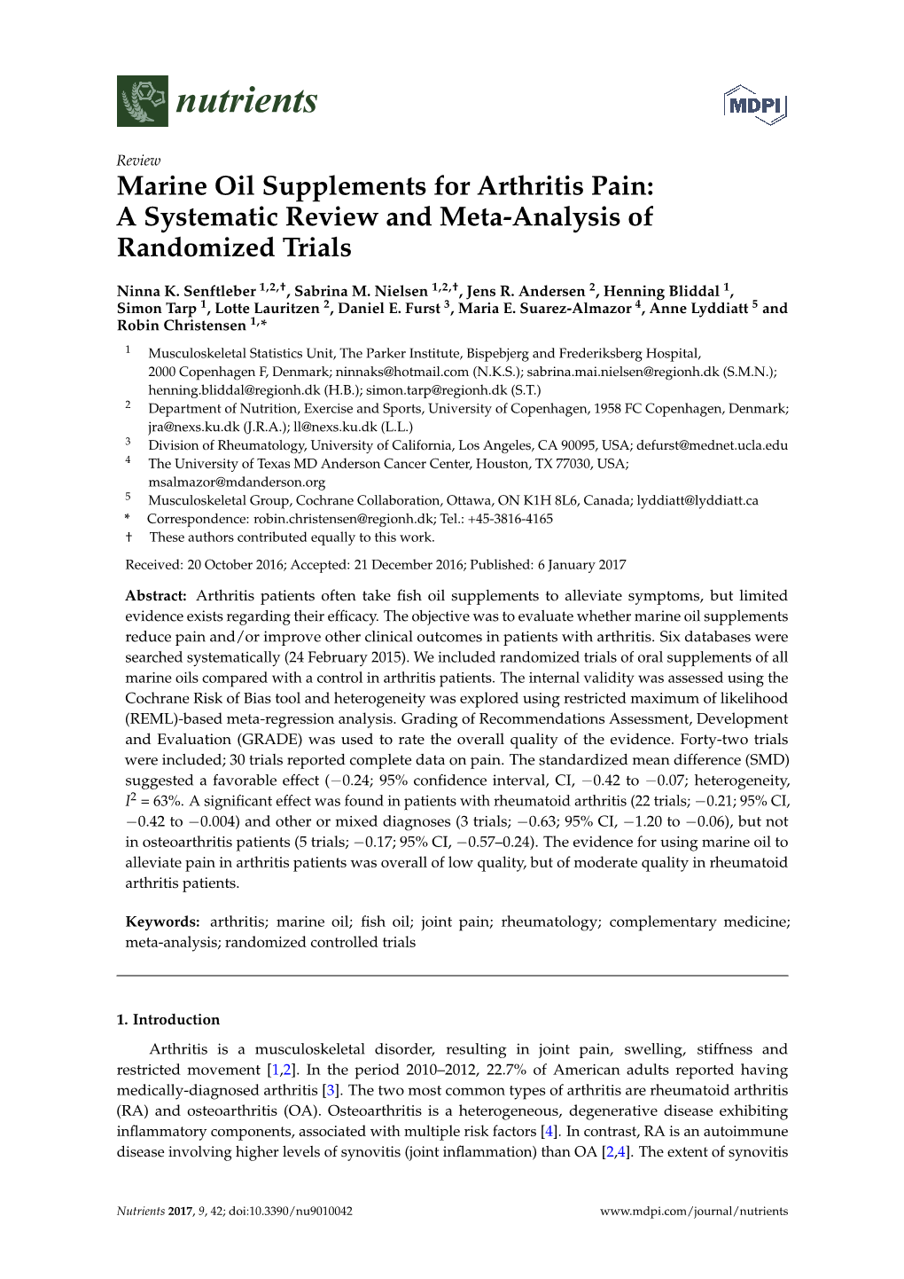 Marine Oil Supplements for Arthritis Pain: a Systematic Review and Meta-Analysis of Randomized Trials