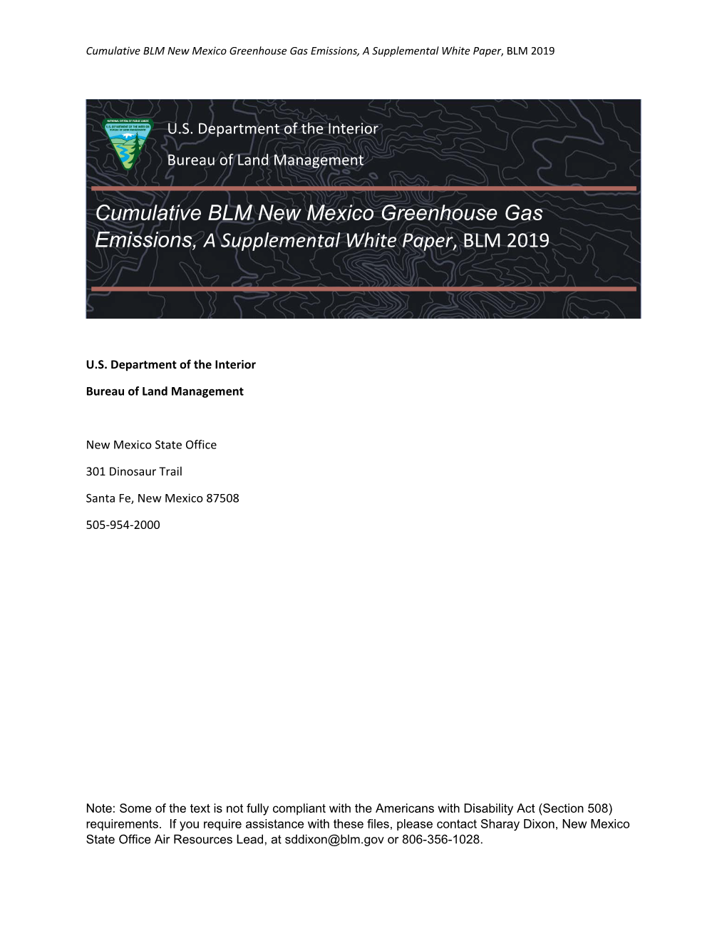 Cumulative BLM New Mexico Greenhouse Gas Emissions, a Supplemental White Paper, BLM 2019