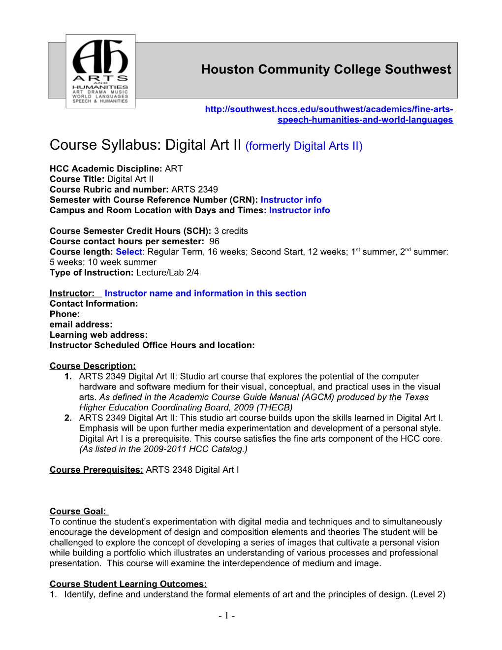 Course Syllabus: Digital Art II (Formerly Digital Arts II)