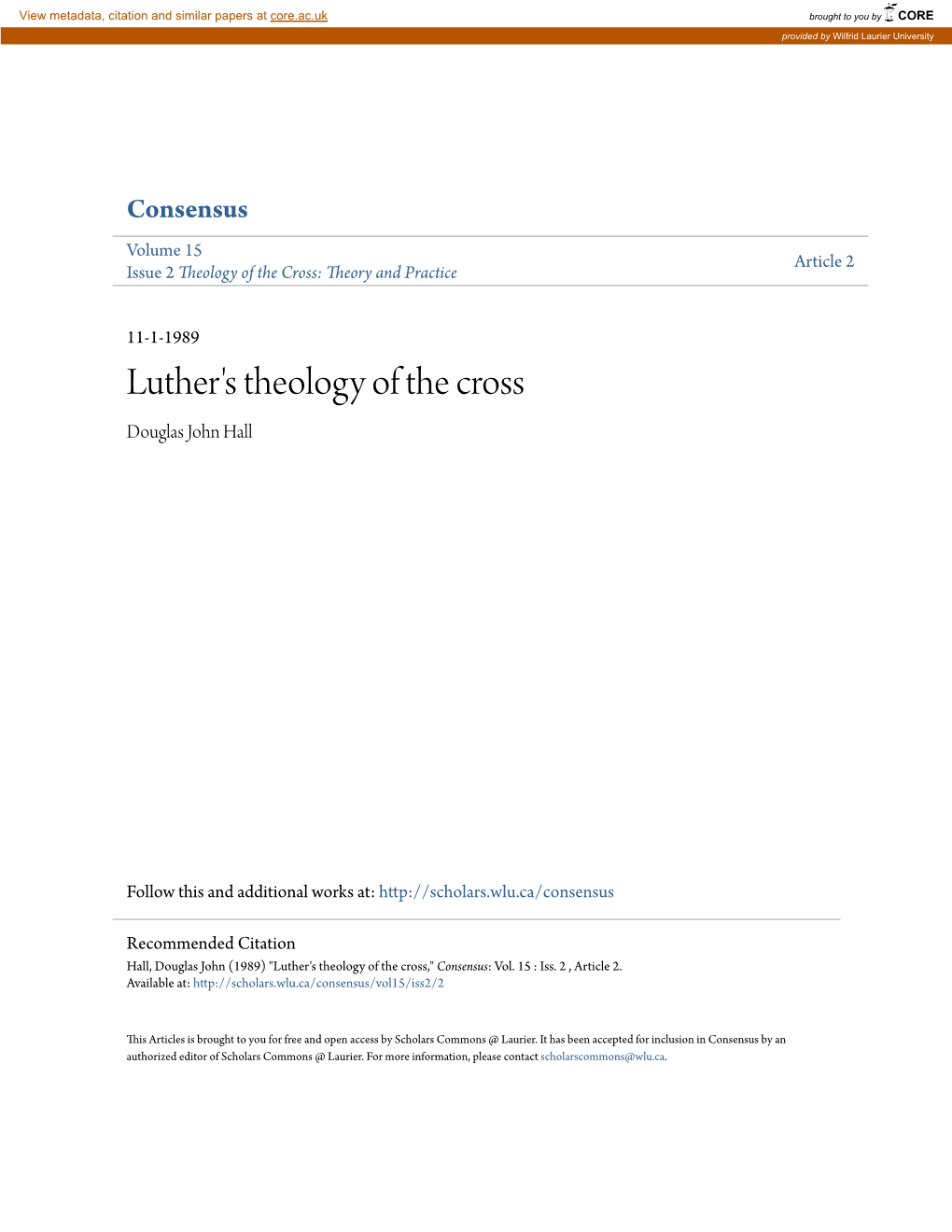 Luther's Theology of the Cross Douglas John Hall