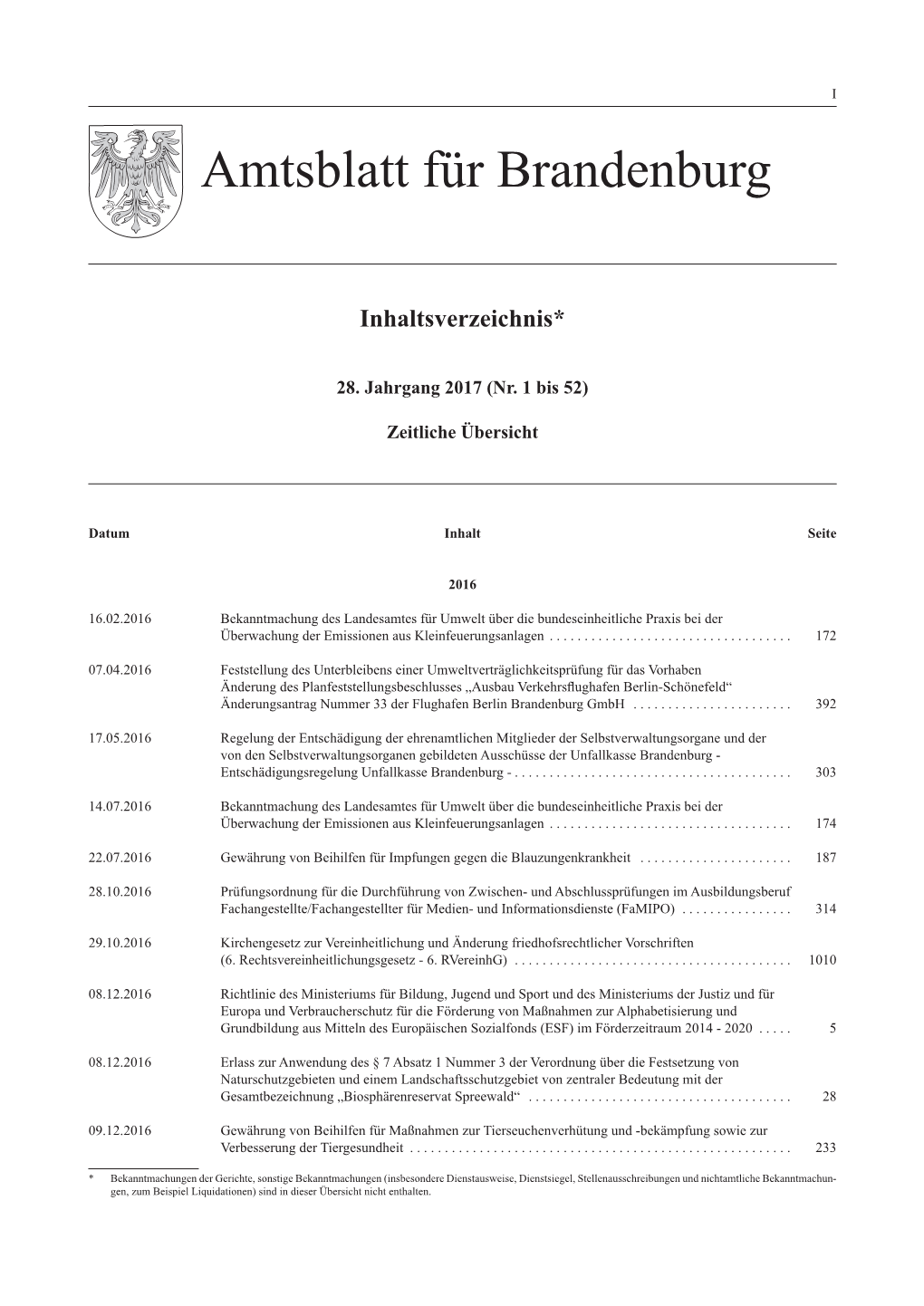 Amtsblatt Für Brandenburg, 2017, Nummer Inhaltsverzeichnis, Seiten