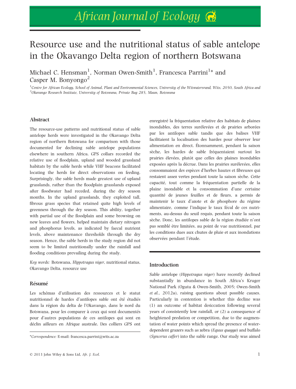 Resource Use and the Nutritional Status of Sable Antelope in the Okavango Delta Region of Northern Botswana