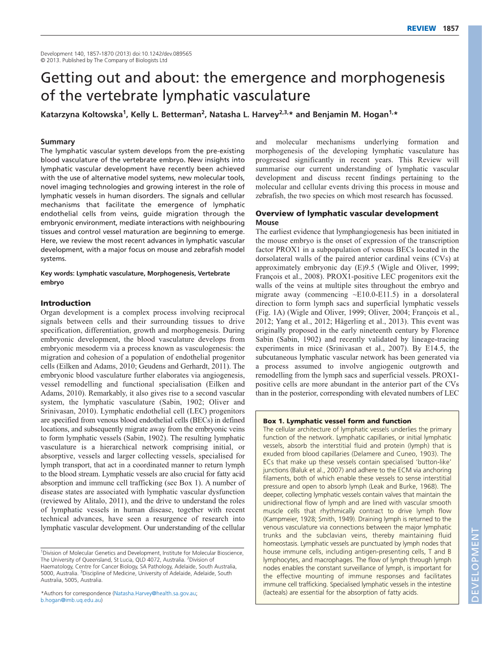 The Emergence and Morphogenesis of the Vertebrate Lymphatic Vasculature Katarzyna Koltowska1, Kelly L