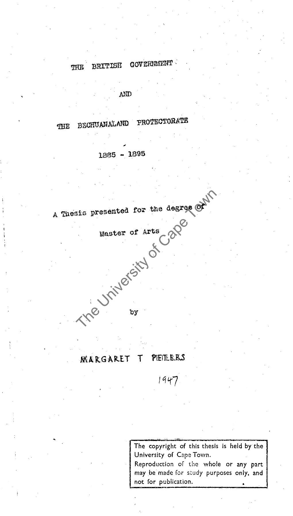 The British Government and the Bechuanaland Protectorate, 1885