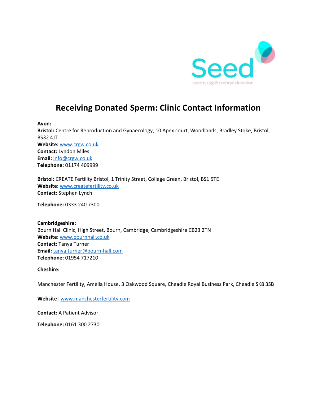 Receiving Donated Sperm: Clinic Contact Information