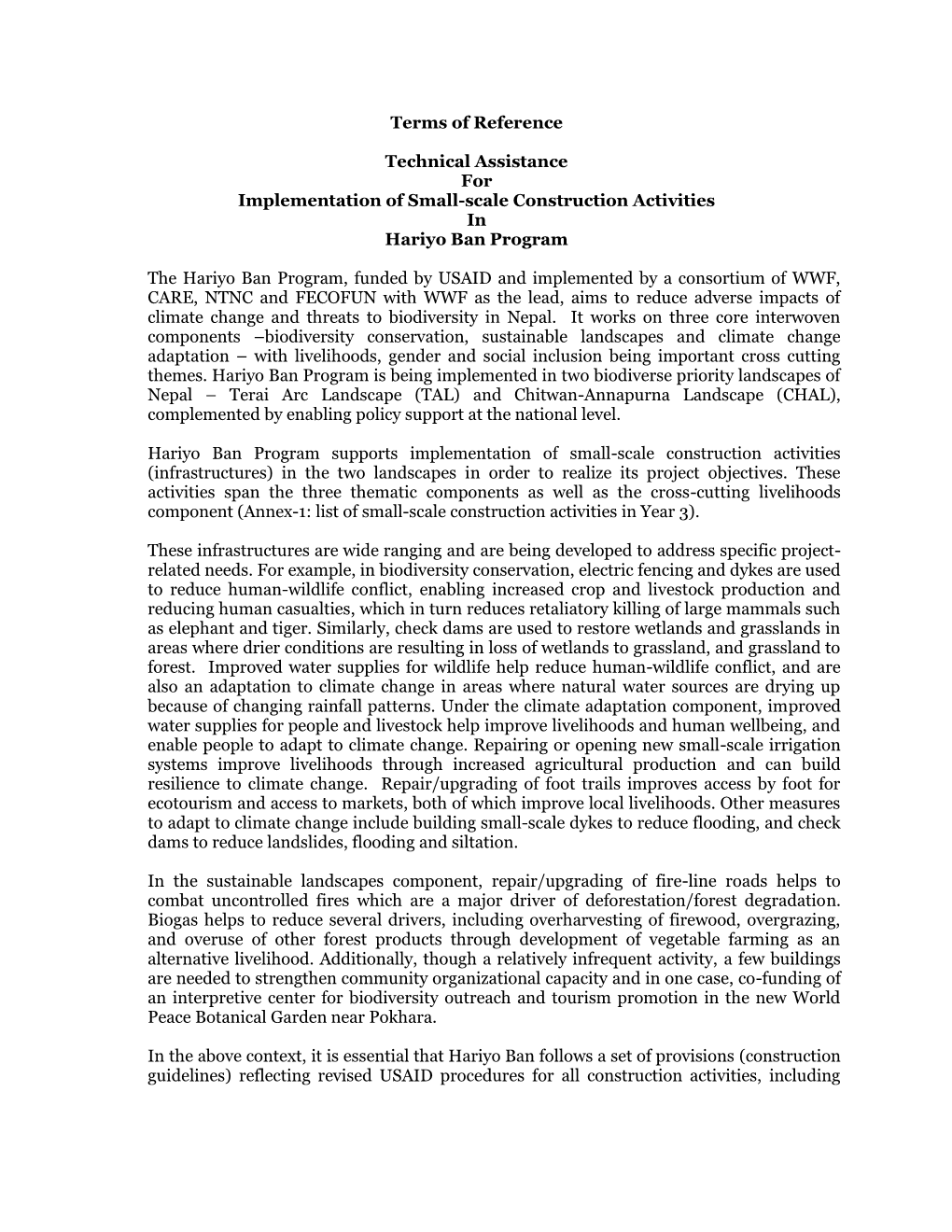 Terms of Reference Technical Assistance for Implementation Of