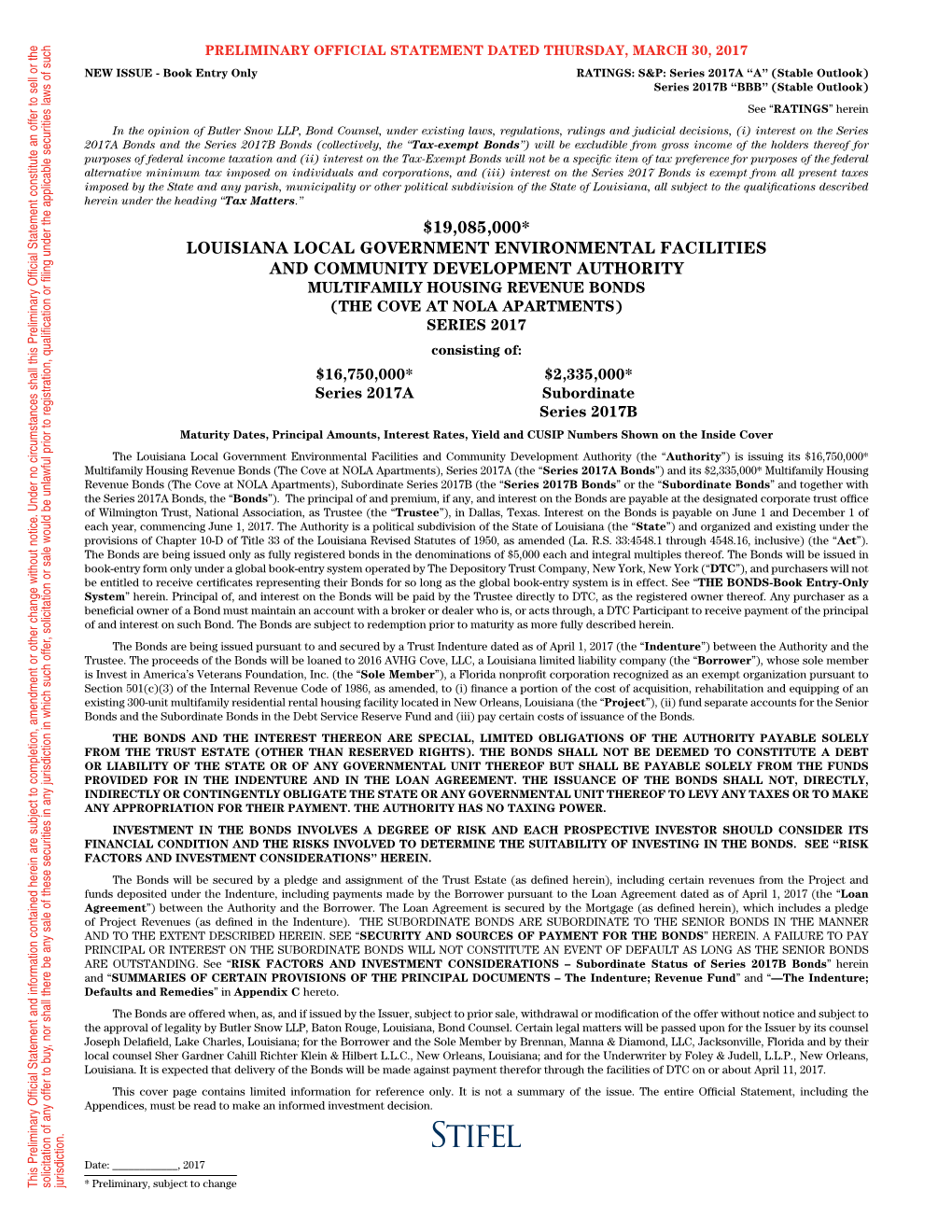 Louisiana Local Government Environmental Facilities and Community Development Authority Multifamily Housing Revenue Bonds (The Cove at Nola Apartments) Series 2017A