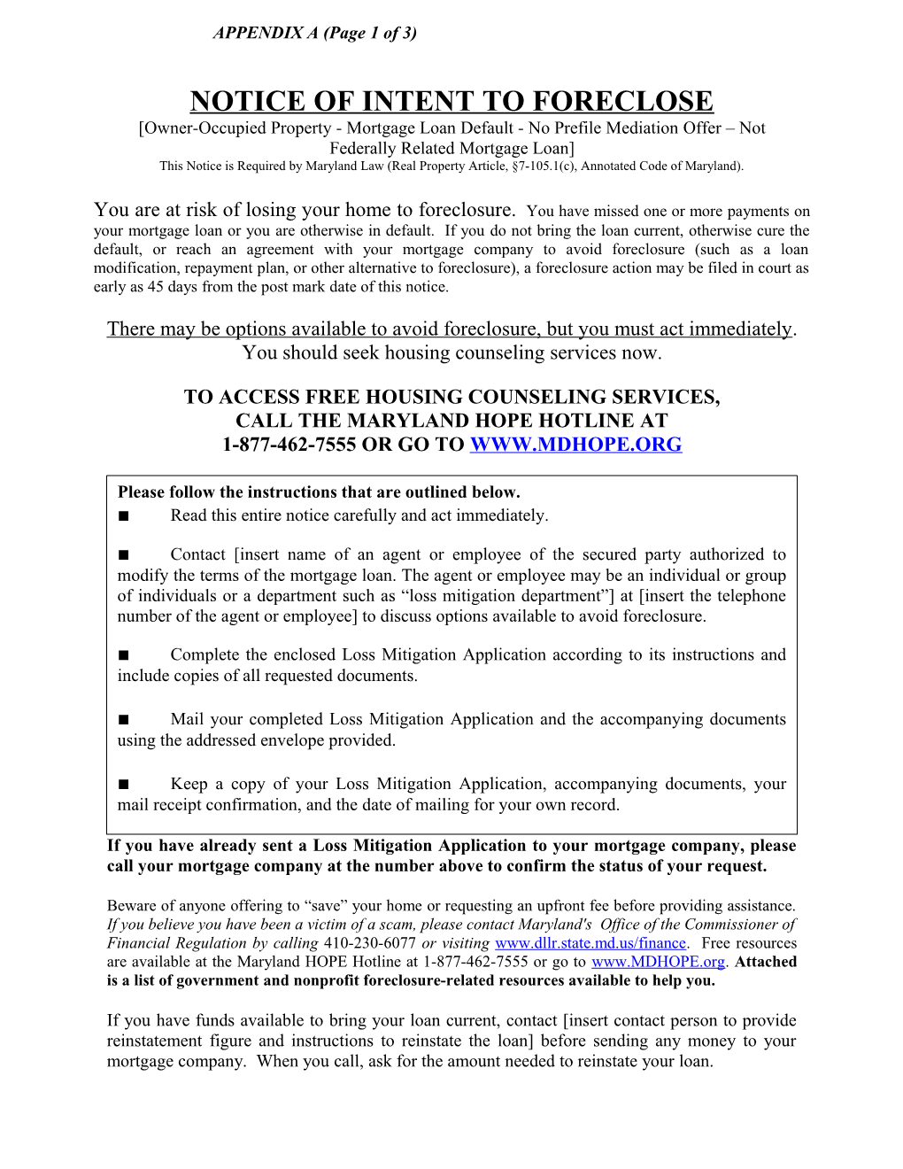 Notice of Intent to Foreclose s1