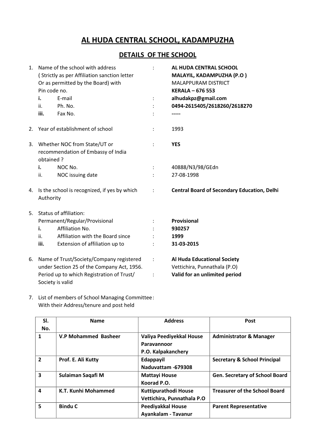 Al Huda Central School, Kadampuzha Details of the School