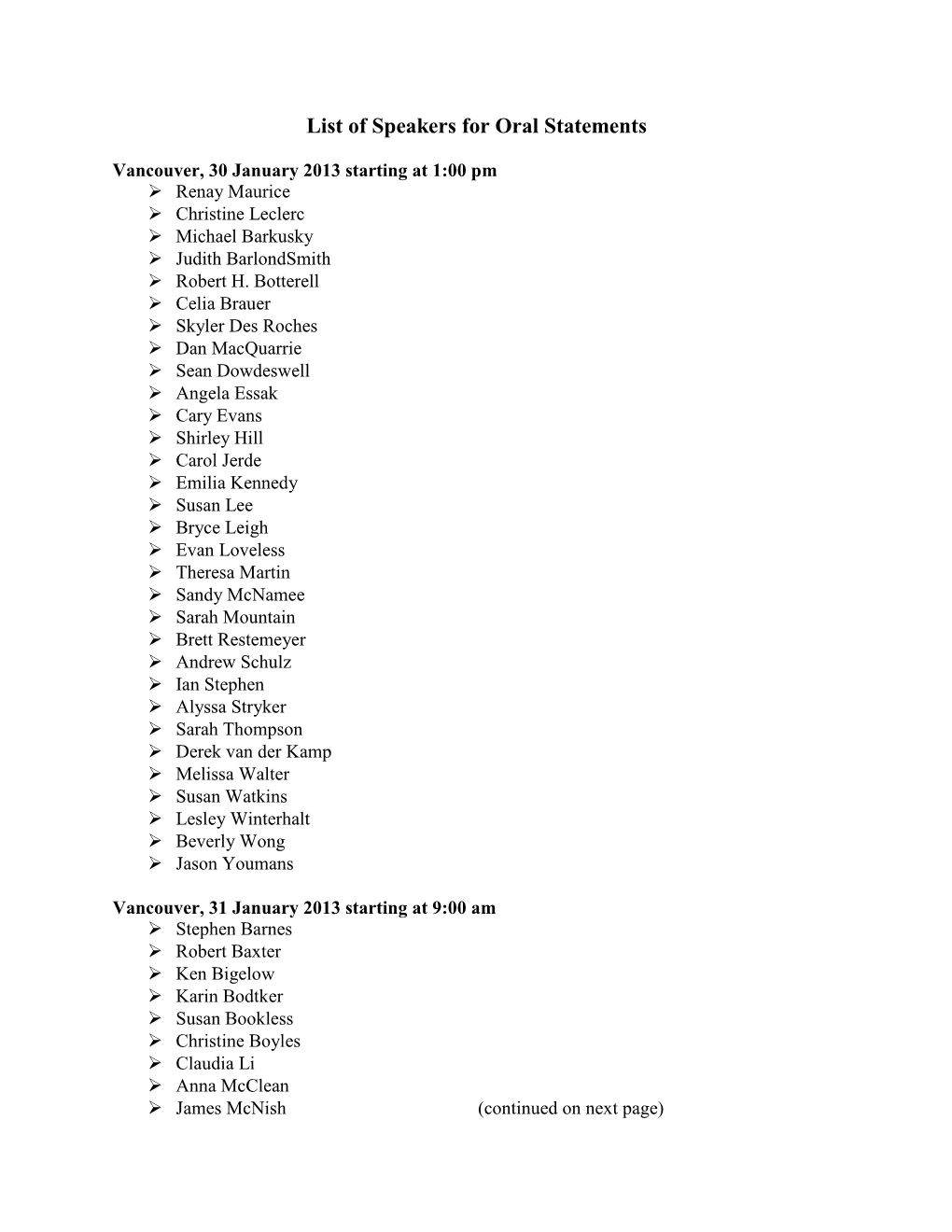 List of Speakers for Oral Statements