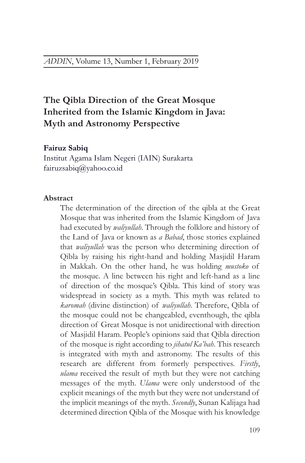 The Qibla Direction of the Great Mosque Inherited from the Islamic Kingdom in Java: Myth and Astronomy Perspective