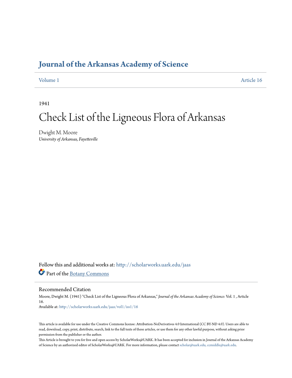 Check List of the Ligneous Flora of Arkansas Dwight M