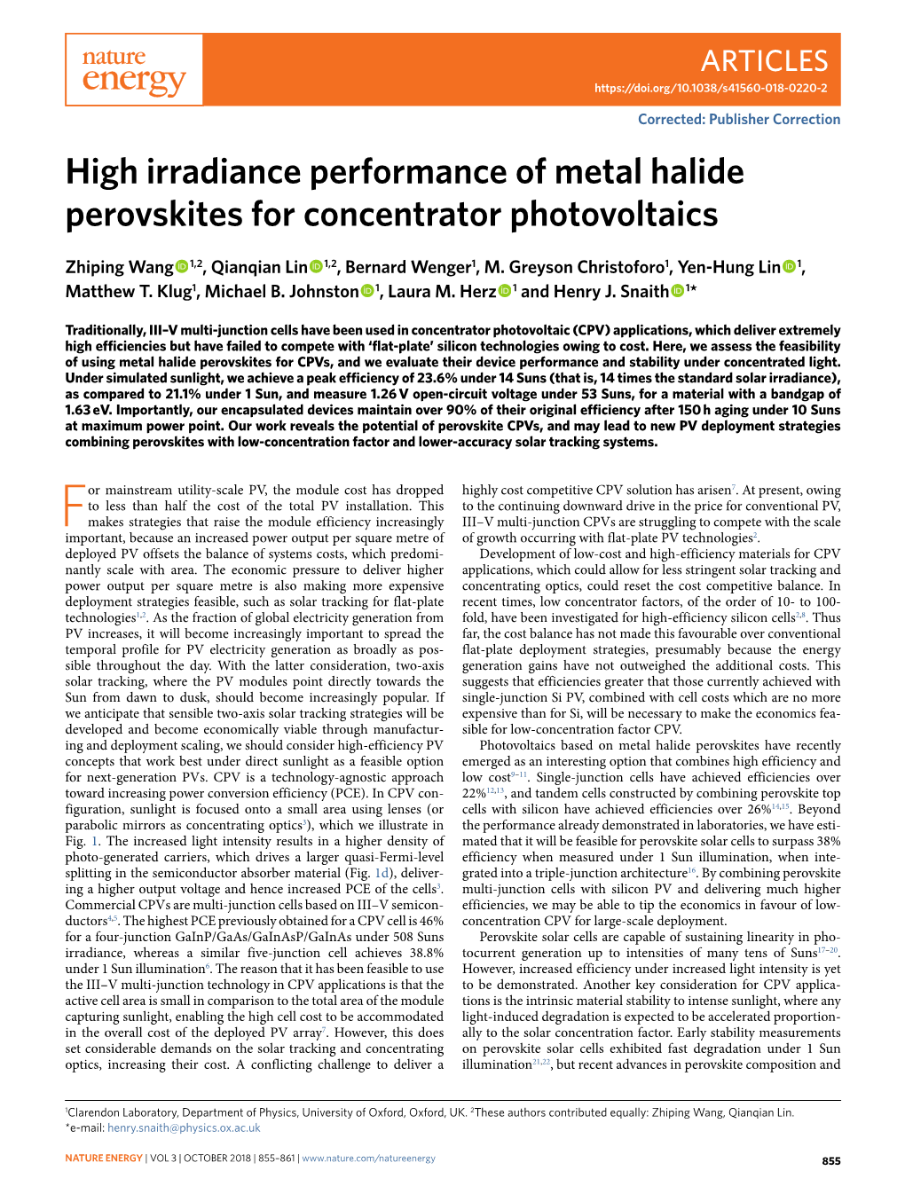 High Irradiance Performance of Metal Halide Perovskites for Concentrator Photovoltaics