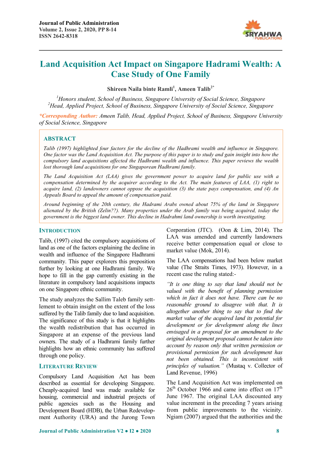 Land Acquisition Act Impact on Singapore Hadrami Wealth: a Case Study of One Family