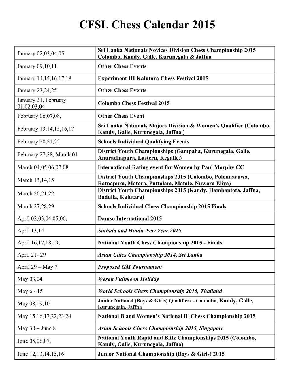 CFSL Chess Calendar 2015