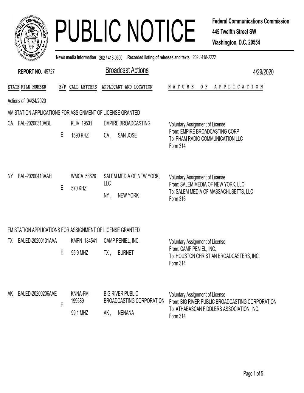 Broadcast Actions 4/29/2020