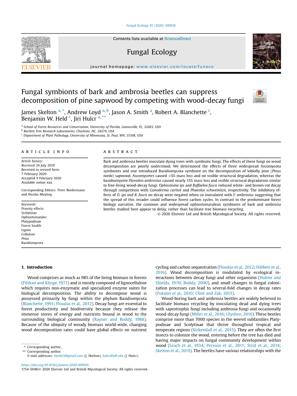 Fungal Symbionts of Bark and Ambrosia Beetles Can Suppress Decomposition of Pine Sapwood by Competing with Wood-Decay Fungi