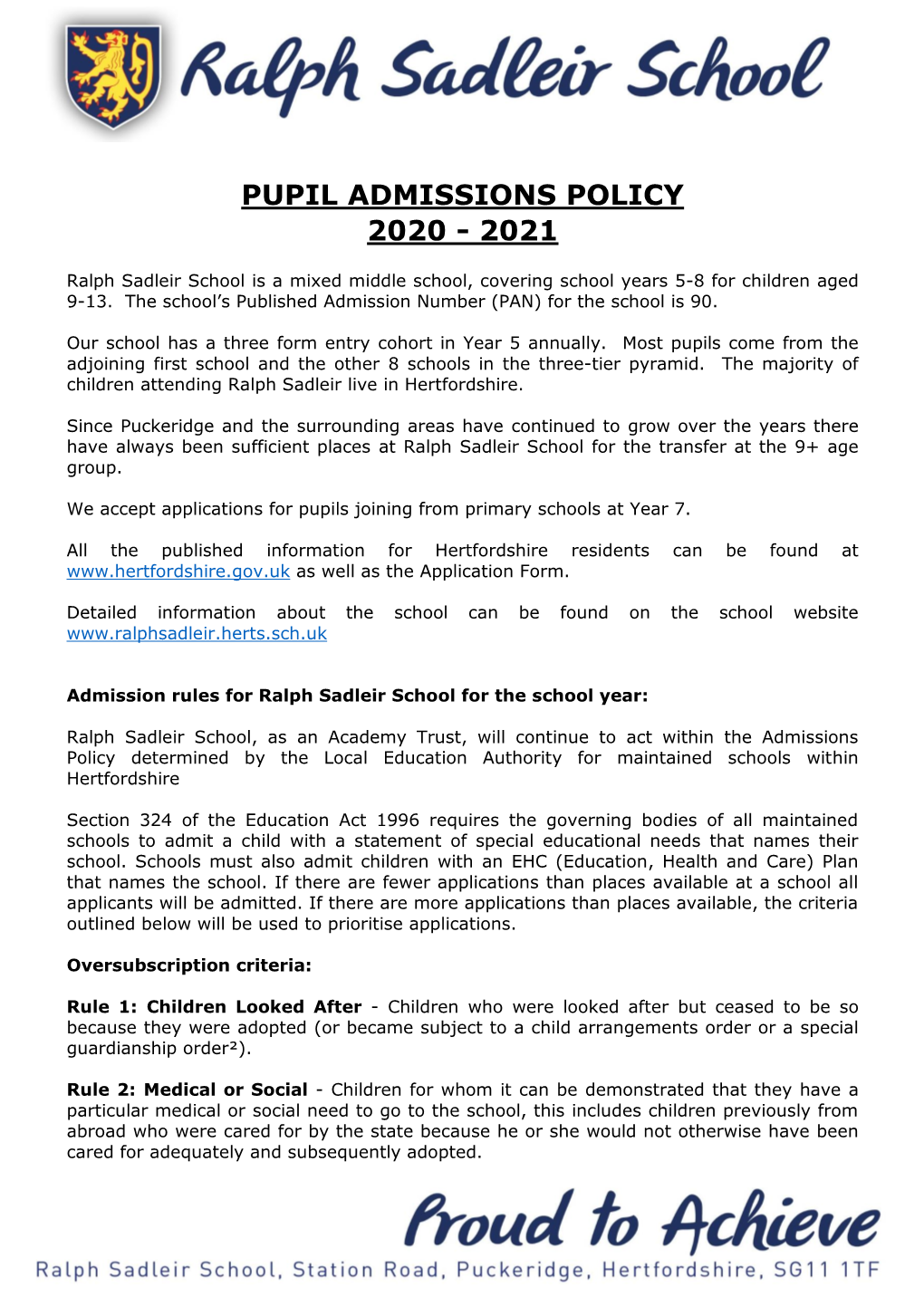 Pupil Admissions Policy 2020 - 2021