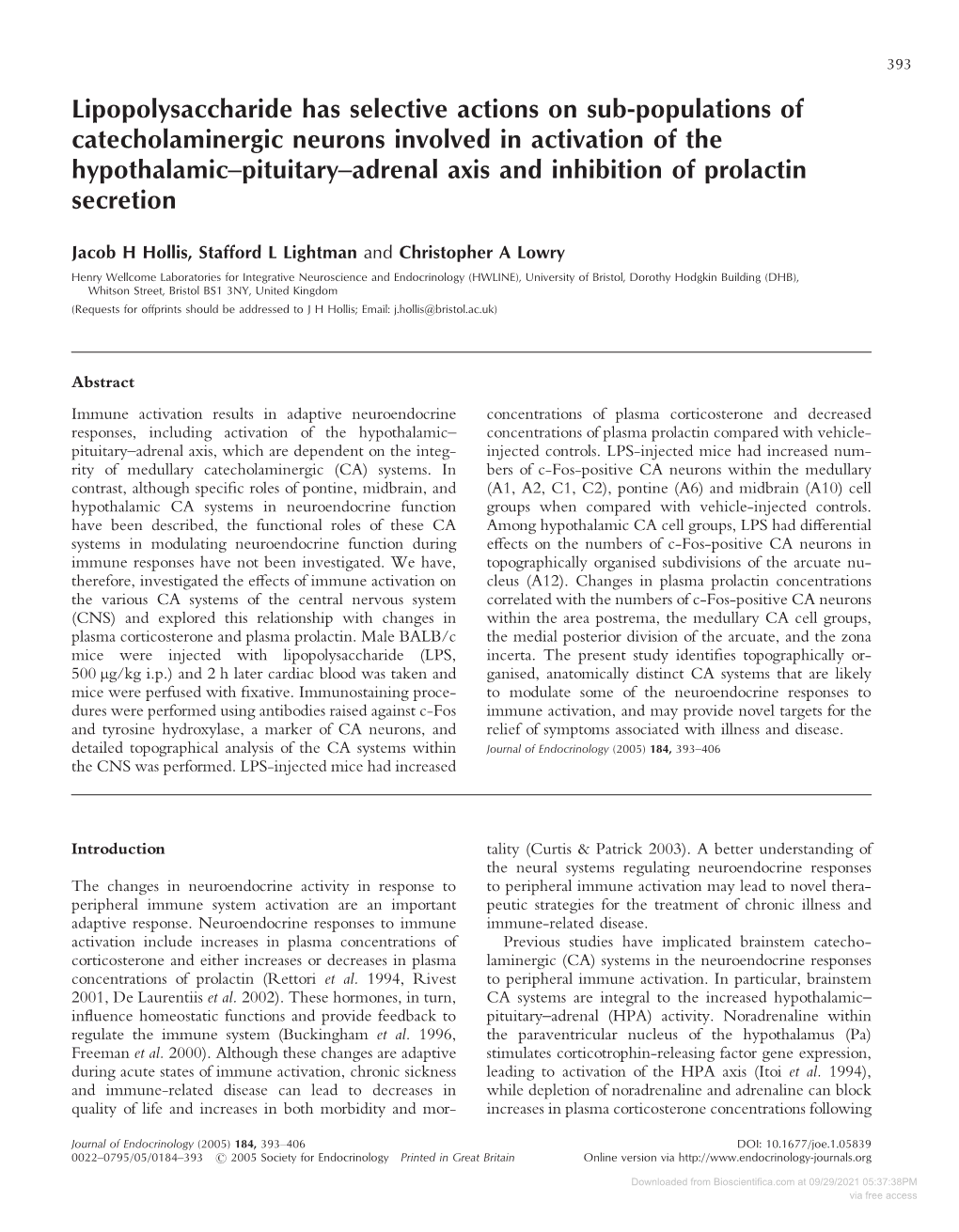 Downloaded from Bioscientifica.Com at 09/29/2021 05:37:38PM Via Free Access 394 J H HOLLIS and Others · LPS Actions on Catecholamine Systems